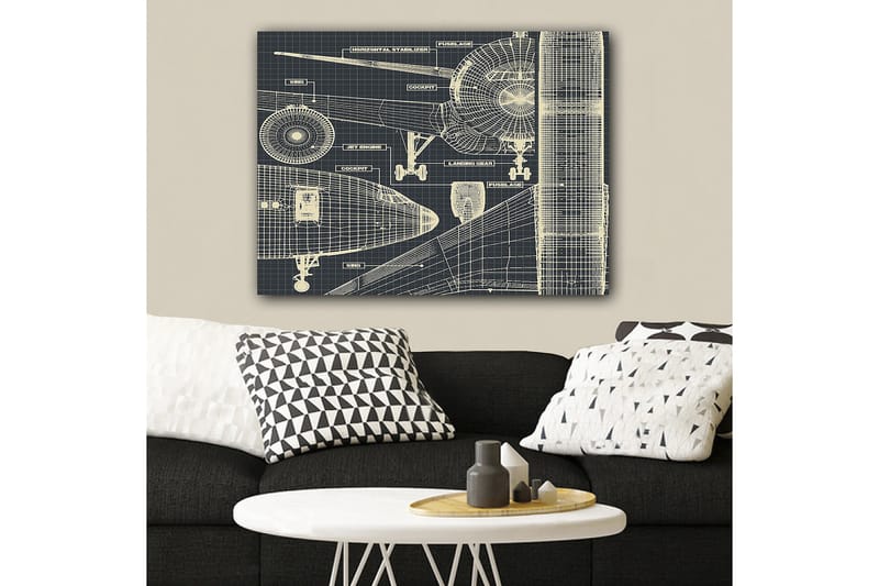 Lærred 70x100 cm - Teknisk tegning af et fly med detaljerede komponenter - Mørkeblå / Lys beige - Boligtilbehør - Billeder & kunst - Billeder på lærred