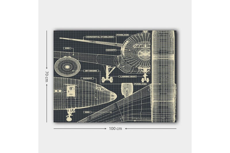 Lærred 70x100 cm - Teknisk tegning af et fly med detaljerede komponenter - Mørkeblå / Lys beige - Boligtilbehør - Billeder & kunst - Billeder på lærred