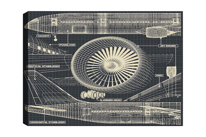 Lærred 70x100 cm - Teknisk tegning af et fly med fokus på motor og vinger, Mørkeblå / Beige