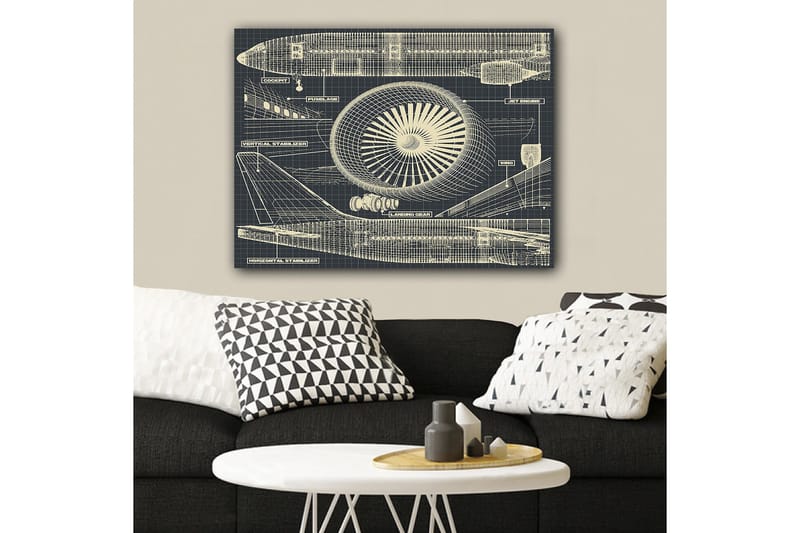 Lærred 70x100 cm - Teknisk tegning af et fly med fokus på motor og vinger - Mørkeblå / Beige - Boligtilbehør - Billeder & kunst - Billeder på lærred