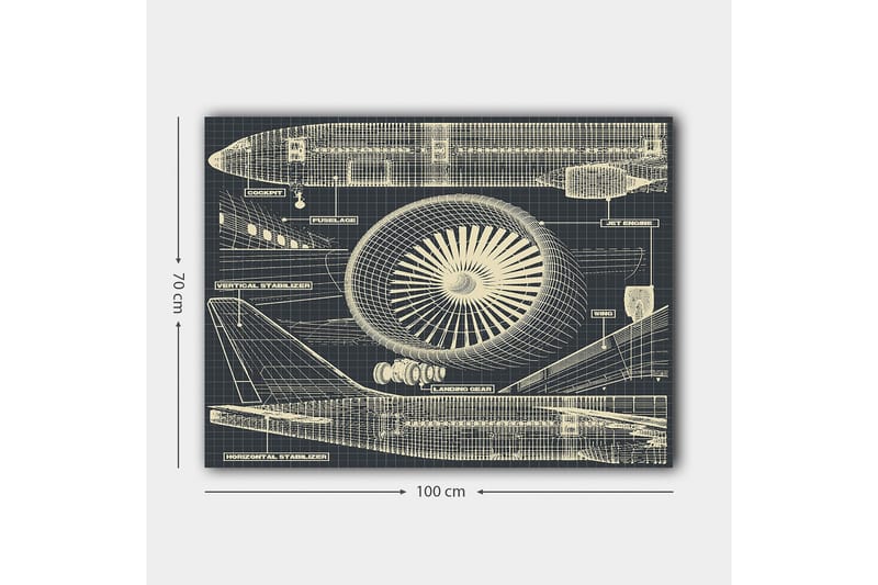 Lærred 70x100 cm - Teknisk tegning af et fly med fokus på motor og vinger - Mørkeblå / Beige - Boligtilbehør - Billeder & kunst - Billeder på lærred