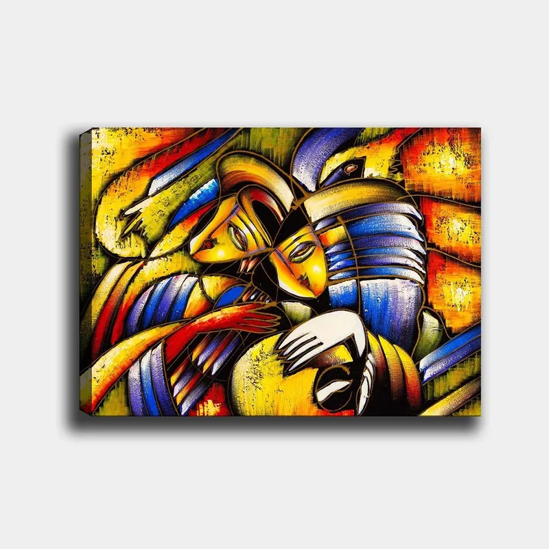 Lærred 70x100 cm - To abstrakte figurer omfavner hinanden i en følelsesladet komposition, Gul / Blå / Rød