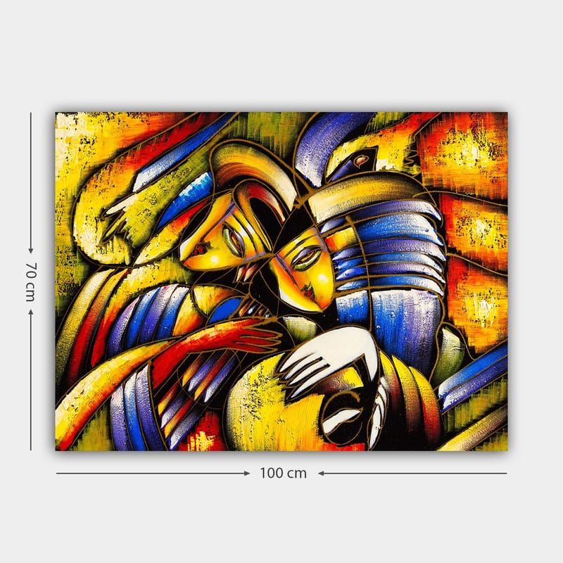 Lærred 70x100 cm - To abstrakte figurer omfavner hinanden i en følelsesladet komposition - Gul / Blå / Rød - Boligtilbehør - Billeder & kunst - Billeder på lærred
