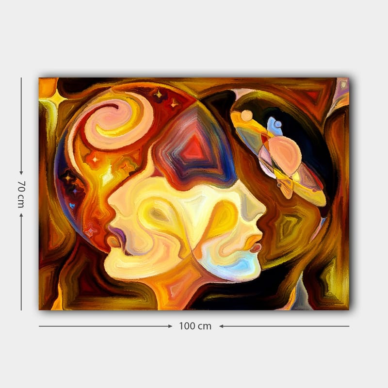Lærred 70x100 cm - To ansigter i profil forenet i en abstrakt komposition med elementer af rum - Guld / Orange / Brun - Boligtilbehør - Billeder & kunst - Billeder på lærred