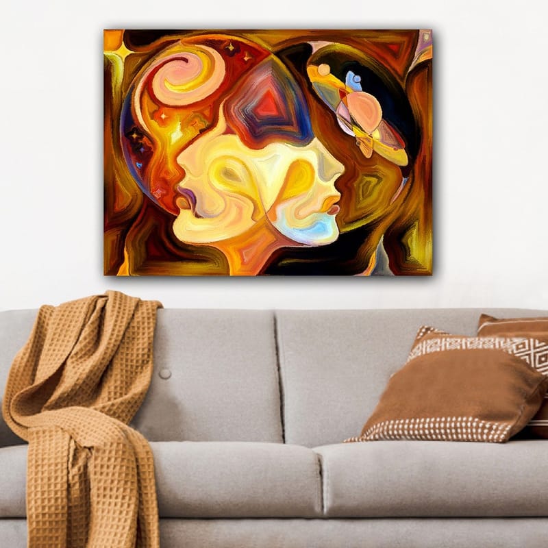 Lærred 70x100 cm - To ansigter i profil forenet i en abstrakt komposition med elementer af rum - Guld / Orange / Brun - Boligtilbehør - Billeder & kunst - Billeder på lærred