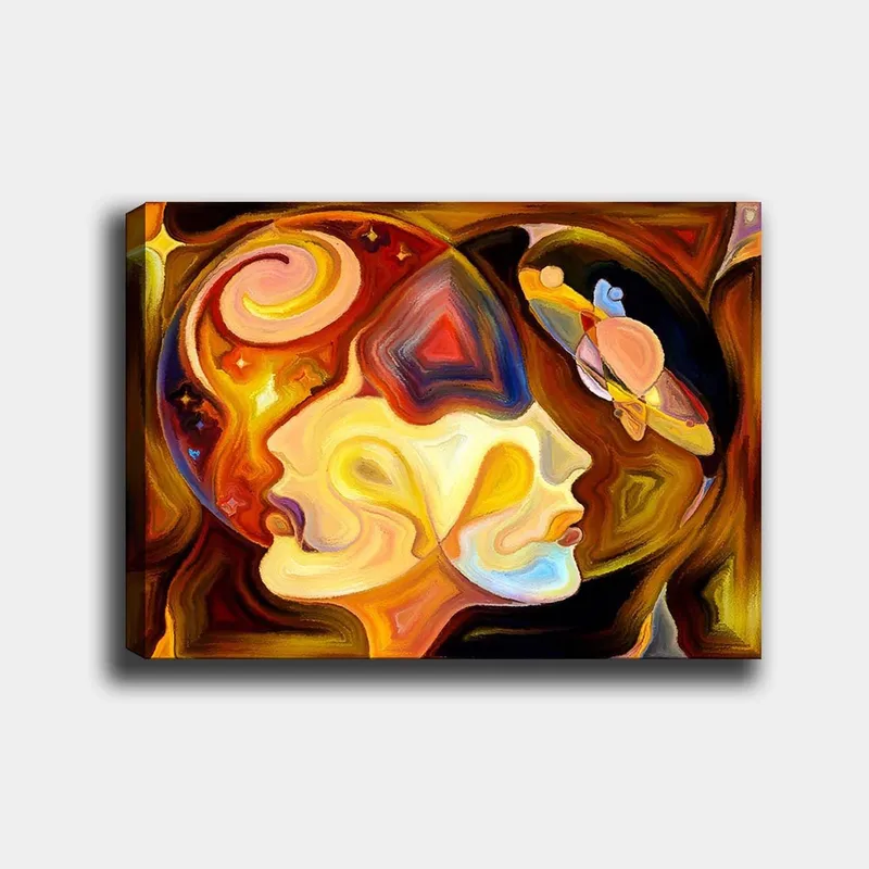 Lærred 70x100 cm - To ansigter i profil forenet i en abstrakt komposition med elementer af rum, Guld / Orange / Brun