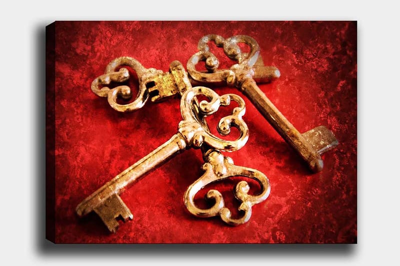 Lærred 70x100 cm - To antikke nøgler med dekorative detaljer på en rød baggrund, Guld / Rød