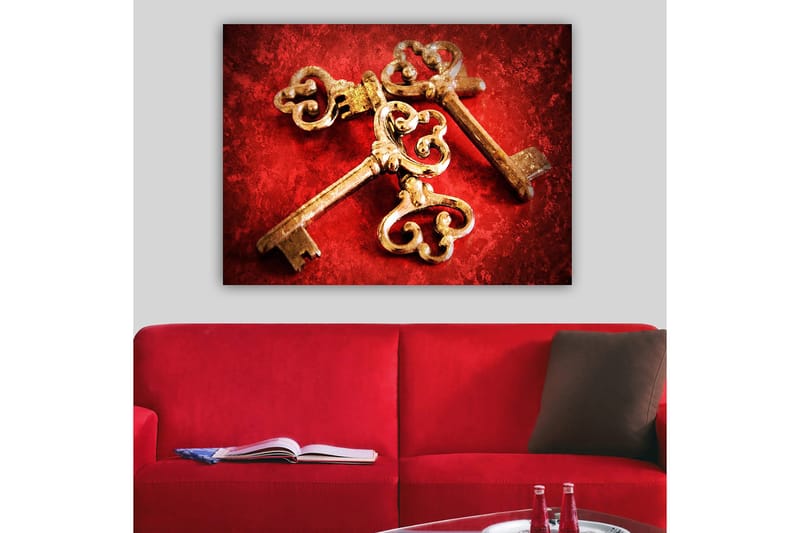 Lærred 70x100 cm - To antikke nøgler med dekorative detaljer på en rød baggrund - Guld / Rød - Boligtilbehør - Billeder & kunst - Billeder på lærred