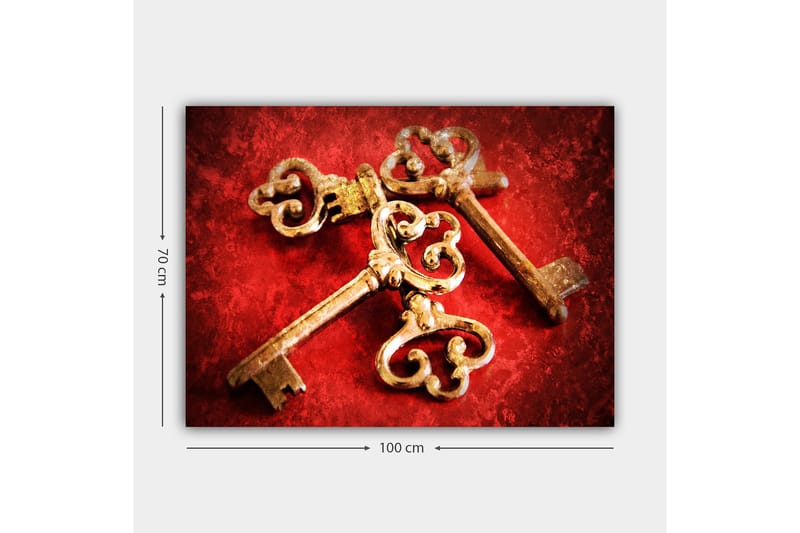 Lærred 70x100 cm - To antikke nøgler med dekorative detaljer på en rød baggrund - Guld / Rød - Boligtilbehør - Billeder & kunst - Billeder på lærred