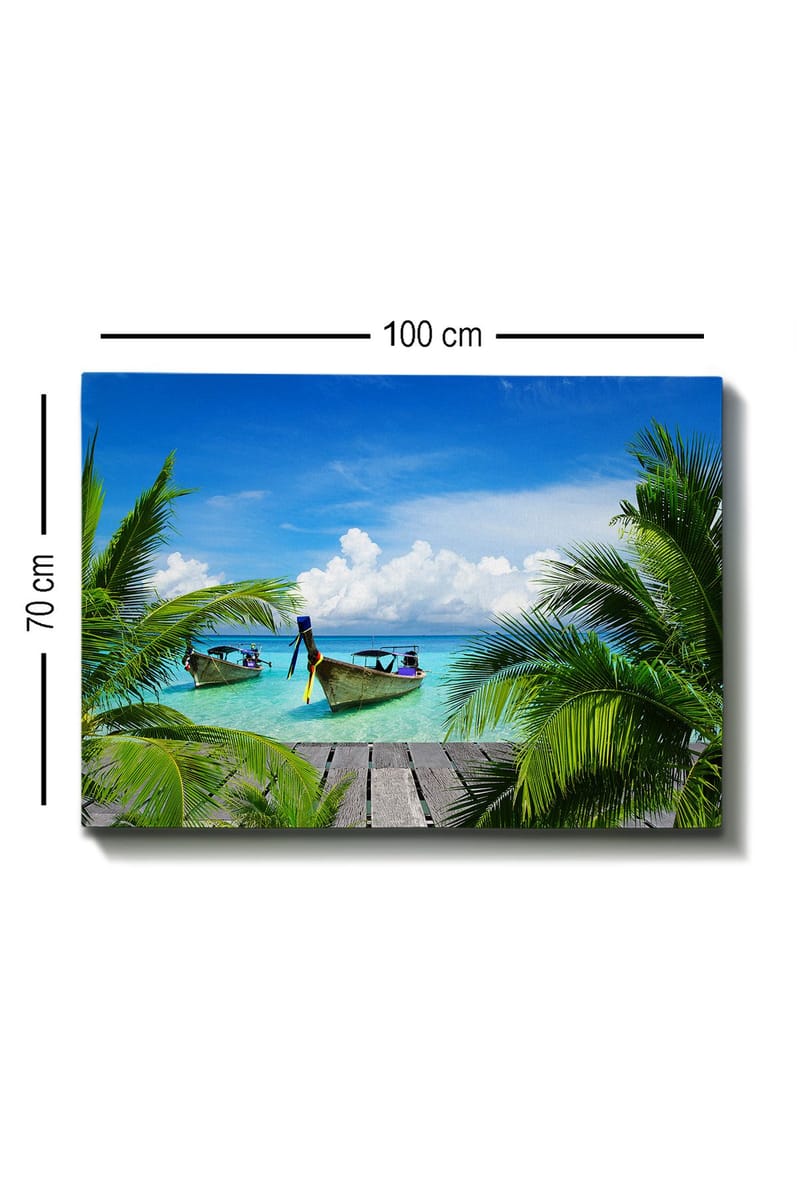 Lærred 70x100 cm - To både i klart turkisblåt vand omgivet af palmer og en træmole - Turkis / Grøn / Blå - Boligtilbehør - Billeder & kunst - Billeder på lærred