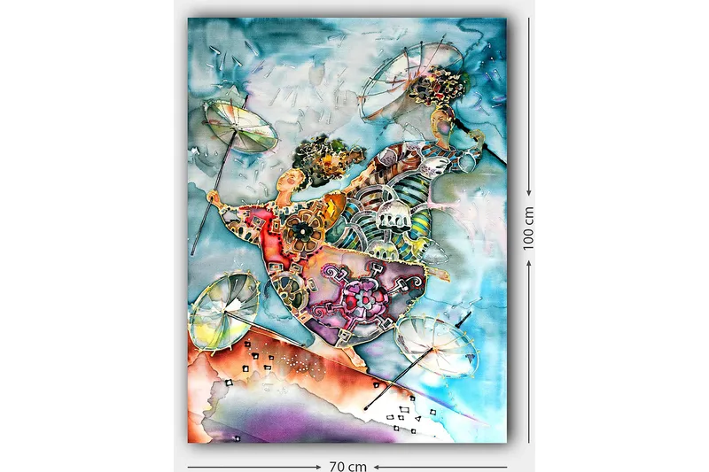 Lærred 70x100 cm - To dansende figurer med paraplyer i en farverig og livlig komposition - Blå / Orange / Grøn - Boligtilbehør - Billeder & kunst - Billeder på lærred