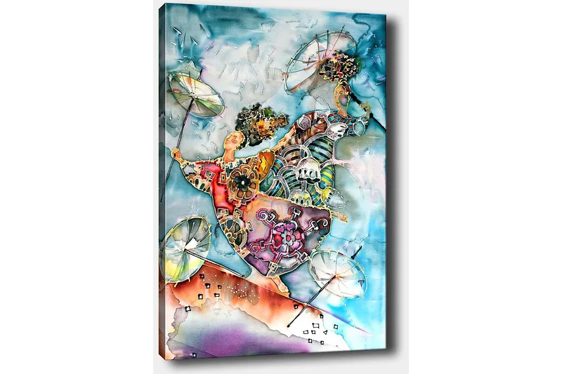 Lærred 70x100 cm - To dansende figurer med paraplyer i en farverig og livlig komposition - Blå / Orange / Grøn - Boligtilbehør - Billeder & kunst - Billeder på lærred