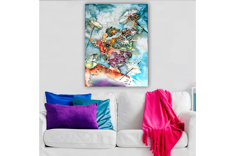 Lærred 70x100 cm - To dansende figurer med paraplyer i en farverig og livlig komposition, Blå / Orange / Grøn