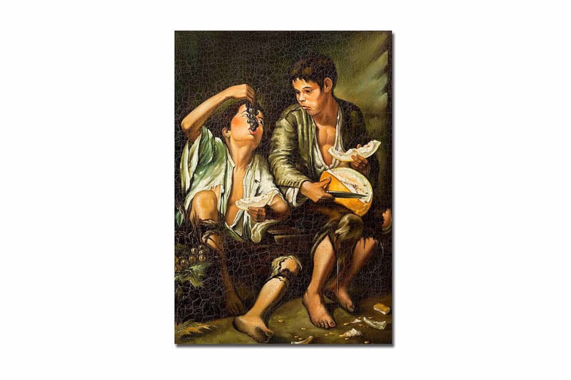 Lærred 70x100 cm - To drenge deler et måltid med frugt og ost, Grøn / Brun / Beige