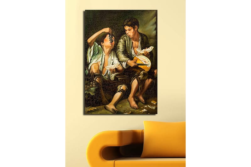Lærred 70x100 cm - To drenge deler et måltid med frugt og ost - Grøn / Brun / Beige - Boligtilbehør - Billeder & kunst - Billeder på lærred