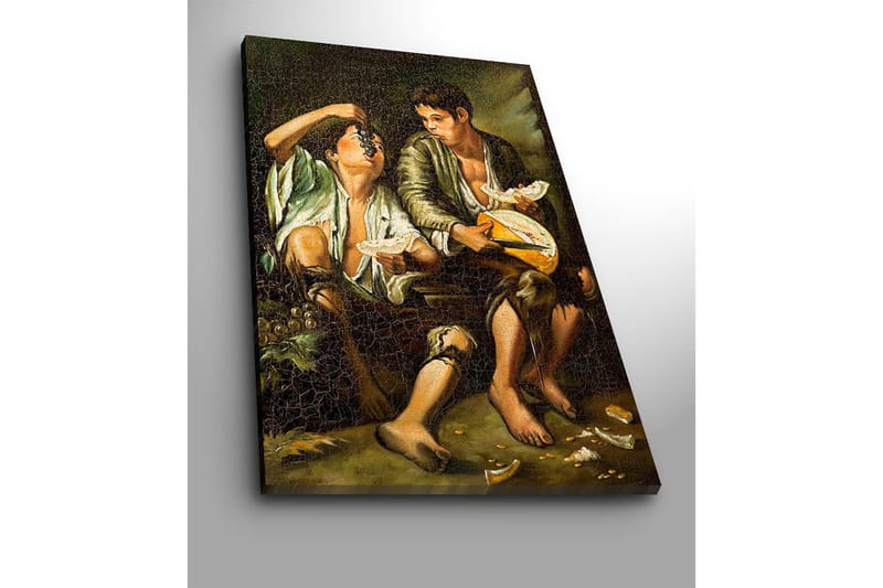 Lærred 70x100 cm - To drenge deler et måltid med frugt og ost - Grøn / Brun / Beige - Boligtilbehør - Billeder & kunst - Billeder på lærred