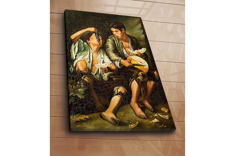 Lærred 70x100 cm - To drenge deler et måltid med frugt og ost - Grøn / Brun / Beige - Boligtilbehør - Billeder & kunst - Billeder på lærred