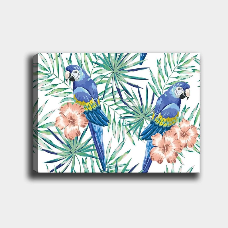 Lærred 70x100 cm - To farverige papegøjer omgivet af tropiske planter og blomster, Blå / Grøn / Lyserød