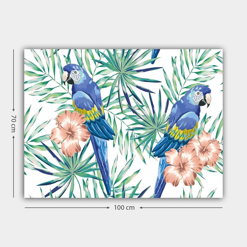 Lærred 70x100 cm - To farverige papegøjer omgivet af tropiske planter og blomster - Blå / Grøn / Lyserød - Boligtilbehør - Billeder & kunst - Billeder på lærred