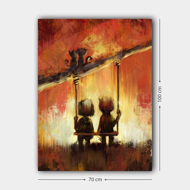 Lærred 70x100 cm - To figurer siddende på en gynge under en varm, farverig himmel - Rød / Orange / Gul - Boligtilbehør - Billeder & kunst - Billeder på lærred