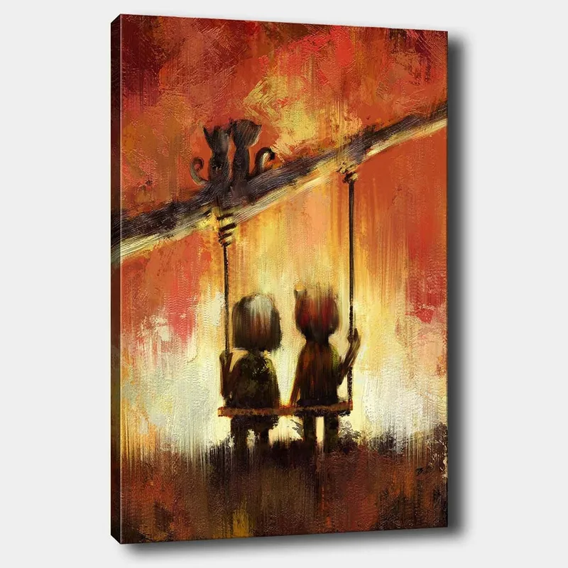 Lærred 70x100 cm - To figurer siddende på en gynge under en varm, farverig himmel, Rød / Orange / Gul