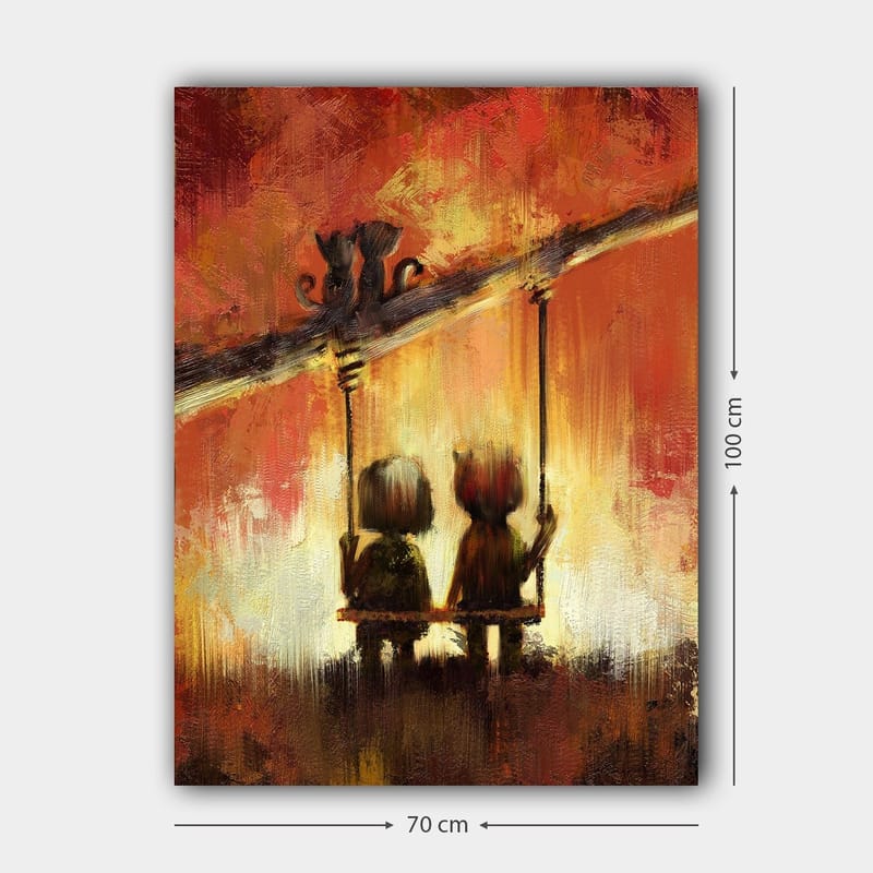 Lærred 70x100 cm - To figurer siddende på en gynge under en varm, farverig himmel - Rød / Orange / Gul - Boligtilbehør - Billeder & kunst - Billeder på lærred