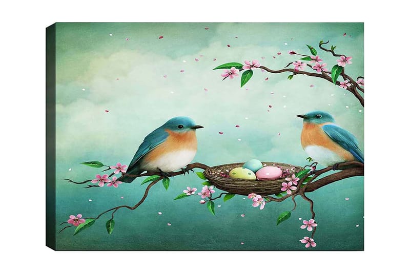 Lærred 70x100 cm - To fugle sidder på en gren ved siden af en rede med æg, omgivet af blomster, Turkis / Abrikos / Lyserød