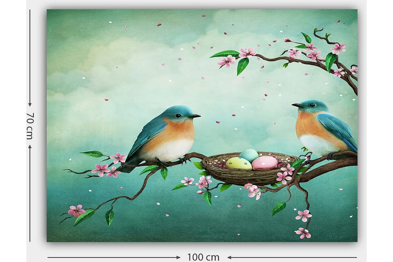Lærred 70x100 cm - To fugle sidder på en gren ved siden af en rede med æg, omgivet af blomster - Turkis / Abrikos / Lyserød - Boligtilbehør - Billeder & kunst - Billeder på lærred