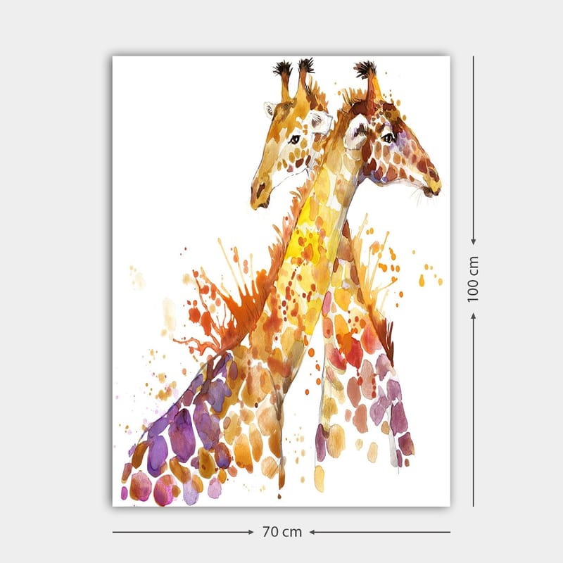 Lærred 70x100 cm - To giraffer, der står tæt på hinanden, fremhævet af farverige akvareltoner - Gyldenbrun / Lilla / Orange - Boligtilbehør - Billeder & kunst - Billeder på lærred