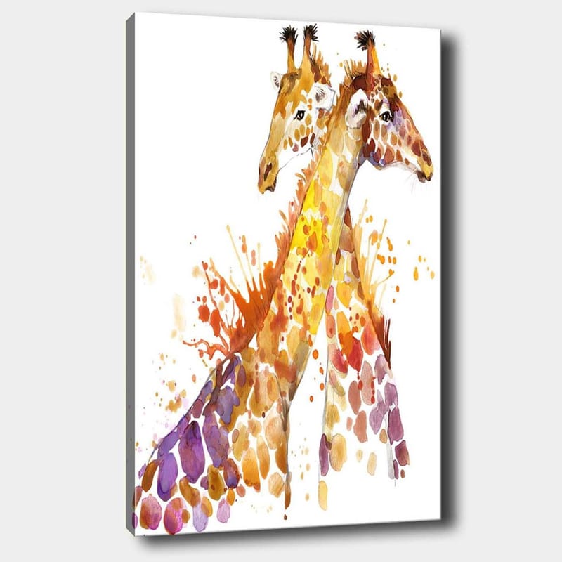 Lærred 70x100 cm - To giraffer, der står tæt på hinanden, fremhævet af farverige akvareltoner - Gyldenbrun / Lilla / Orange - Boligtilbehør - Billeder & kunst - Billeder på lærred