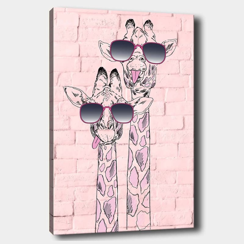 Lærred 70x100 cm - To giraffer med solbriller, der skiller sig ud med deres legende udtryk, Lyserød / Sort / Hvid