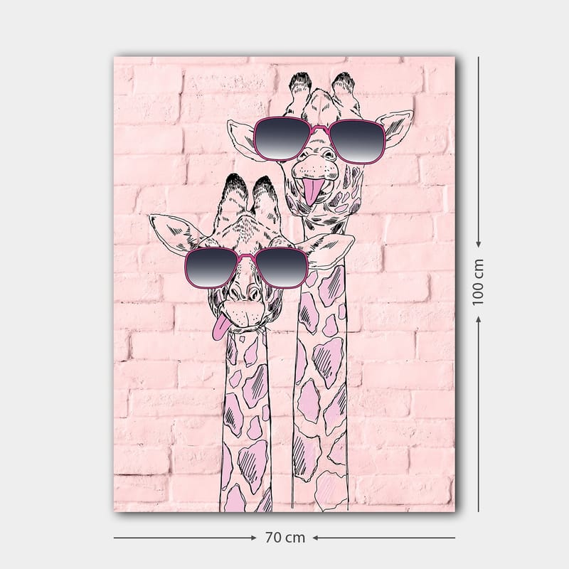 Lærred 70x100 cm - To giraffer med solbriller, der skiller sig ud med deres legende udtryk - Lyserød / Sort / Hvid - Boligtilbehør - Billeder & kunst - Billeder på lærred