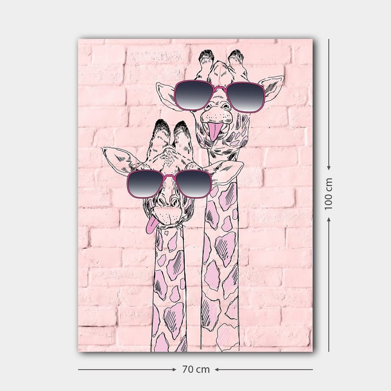 Lærred 70x100 cm - To giraffer med solbriller, der skiller sig ud med deres legende udtryk - Lyserød / Sort / Hvid - Boligtilbehør - Billeder & kunst - Billeder på lærred