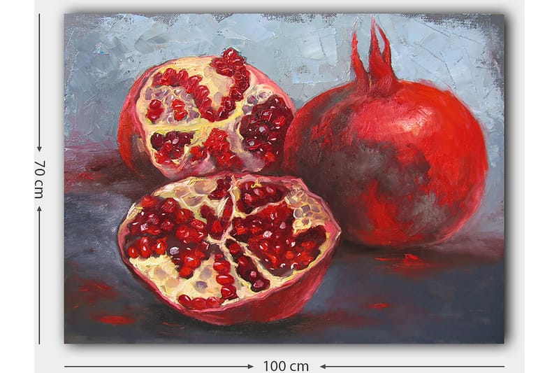 Lærred 70x100 cm - To granatæbler, et helt og et delt, der viser deres saftige kerner - Rød / Beige - Boligtilbehør - Billeder & kunst - Billeder på lærred