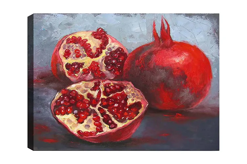Lærred 70x100 cm - To granatæbler, et helt og et delt, der viser deres saftige kerner, Rød / Beige