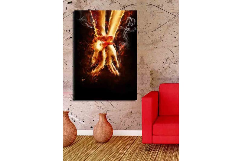 Lærred 70x100 cm - To hænder bundet sammen med et rødt bånd, omgivet af ild og røg - Orange / Rød / Beige - Boligtilbehør - Billeder & kunst - Billeder på lærred