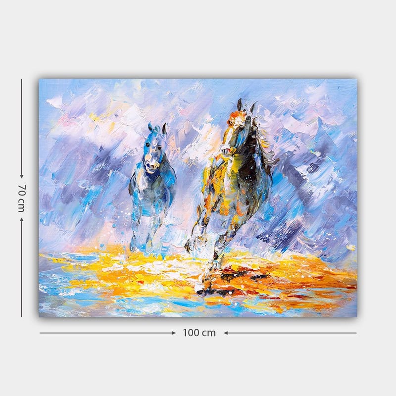 Lærred 70x100 cm - To heste galoperer fremad i en dynamisk og farverig komposition - Blå / Gul / Orange - Boligtilbehør - Billeder & kunst - Billeder på lærred