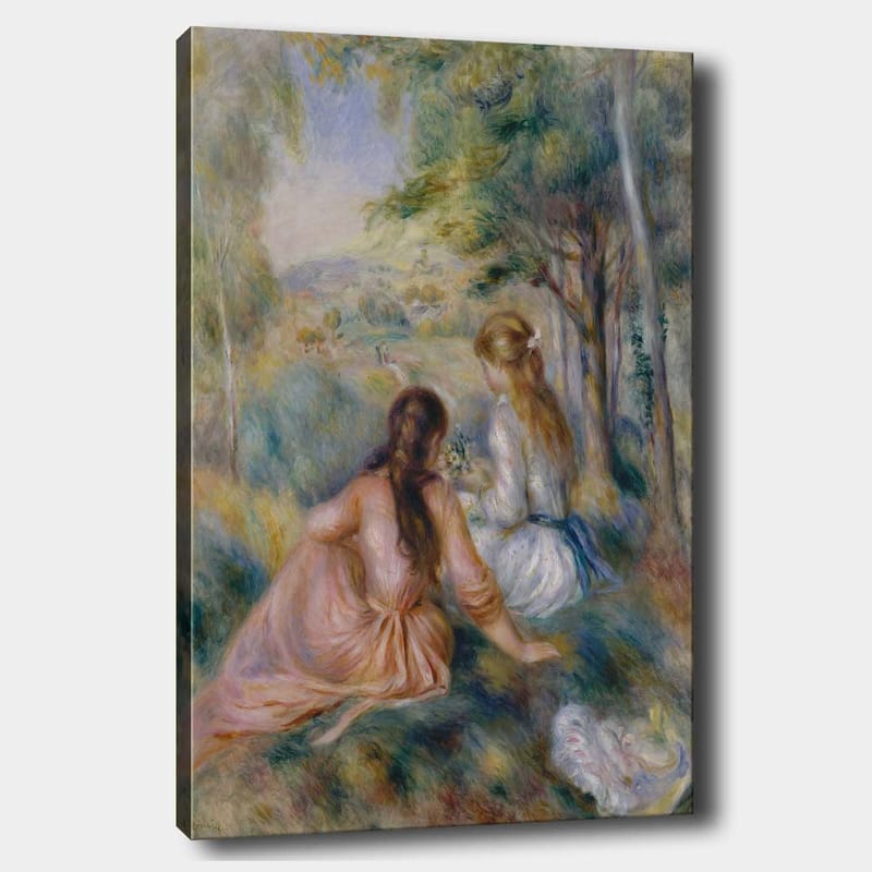 Lærred 70x100 cm - To kvinder sidder i frodige omgivelser og plukker blomster, Lyserød / Hvid / Grøn