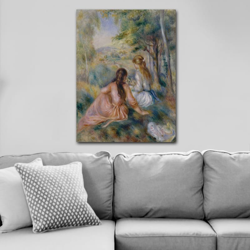 Lærred 70x100 cm - To kvinder sidder i frodige omgivelser og plukker blomster - Lyserød / Hvid / Grøn - Boligtilbehør - Billeder & kunst - Billeder på lærred