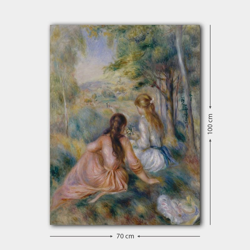 L ærred 70x100 cm - To kvinder sidder i frodige omgivelser og plukker blomster - Lyserød / Hvid / Grøn - Boligtilbehør - Billeder & kunst - Billeder på lærred