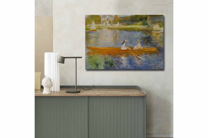 Lærred 70x100 cm - To kvinder padler i en båd på en spejlblank sø - Orange / Blå / Grøn - Boligtilbehør - Billeder & kunst - Billeder på lærred