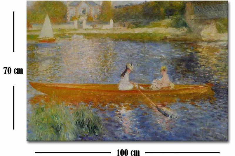 Lærred 70x100 cm - To kvinder padler i en båd på en spejlblank sø - Orange / Blå / Grøn - Boligtilbehør - Billeder & kunst - Billeder på lærred