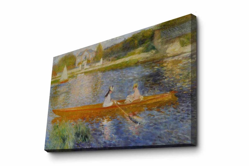 Lærred 70x100 cm - To kvinder padler i en båd på en spejlblank sø, Orange / Blå / Grøn