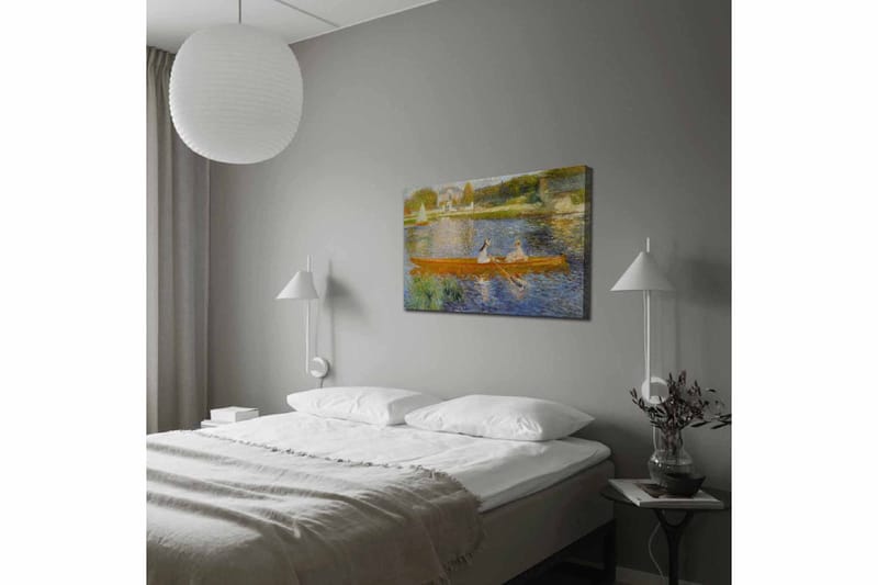 Lærred 70x100 cm - To kvinder padler i en båd på en spejlblank sø - Orange / Blå / Grøn - Boligtilbehør - Billeder & kunst - Billeder på lærred