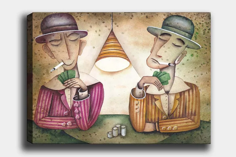 Lærred 70x100 cm - To mænd spiller kort under en lampe med cigaretter i munden og et koncentreret udtryk, Lilla / Grøn / Beige