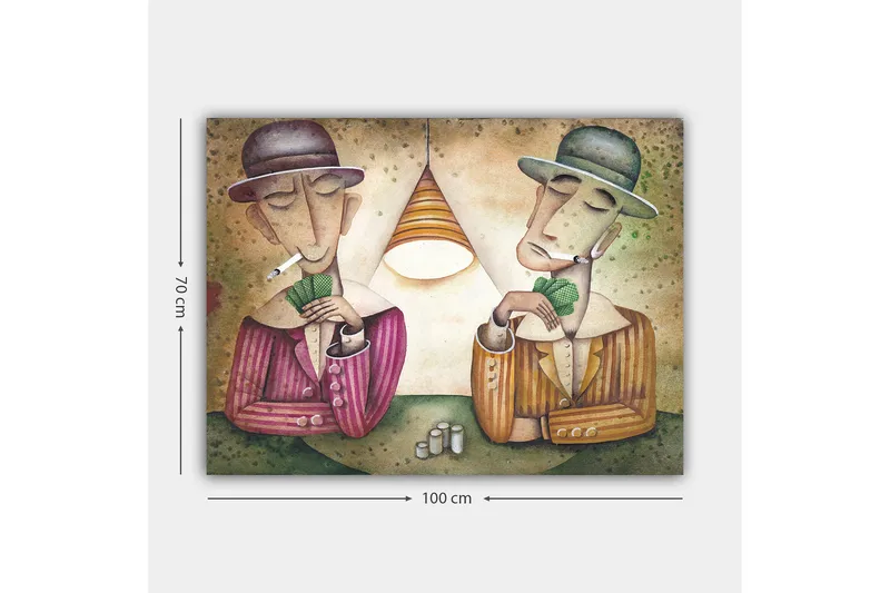 Lærred 70x100 cm - To mænd spiller kort under en lampe med cigaretter i munden og et koncentreret udtryk - Lilla / Grøn / Beige - Boligtilbehør - Billeder & kunst - Billeder på lærred
