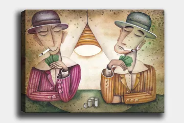 Lærred 70x100 cm - To mænd spiller kort under en lampe med cigaretter i munden og et koncentreret udtryk - Lilla / Grøn / Beige - Boligtilbehør - Billeder & kunst - Billeder på lærred