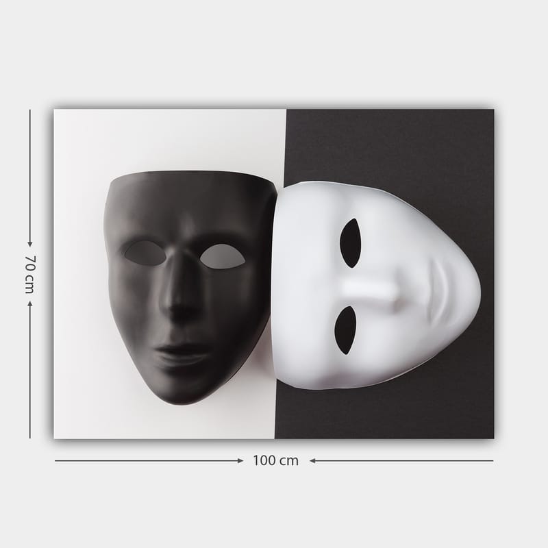 Lærred 70x100 cm - To masker, en sort og en hvid, der symboliserer kontrasterende følelser eller identiteter - Sort / Hvid - Boligtilbehør - Billeder & kunst - Billeder på lærred