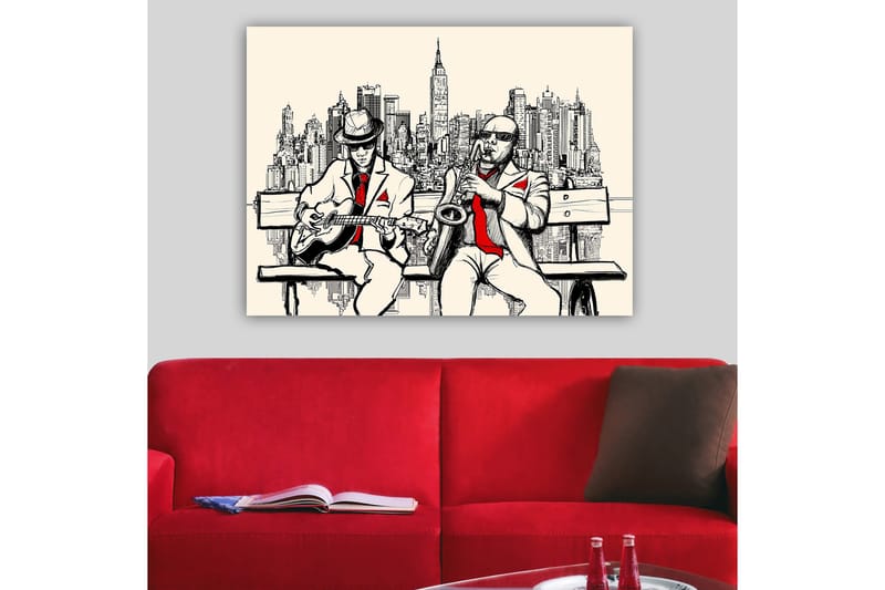 Lærred 70x100 cm - To musikere på en bænk med New York som silhuet - Beige / Sort / Rød - Boligtilbehør - Billeder & kunst - Billeder på lærred