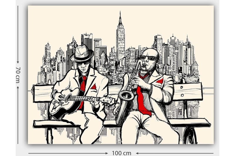 Lærred 70x100 cm - To musikere på en bænk med New York som silhuet - Beige / Sort / Rød - Boligtilbehør - Billeder & kunst - Billeder på lærred